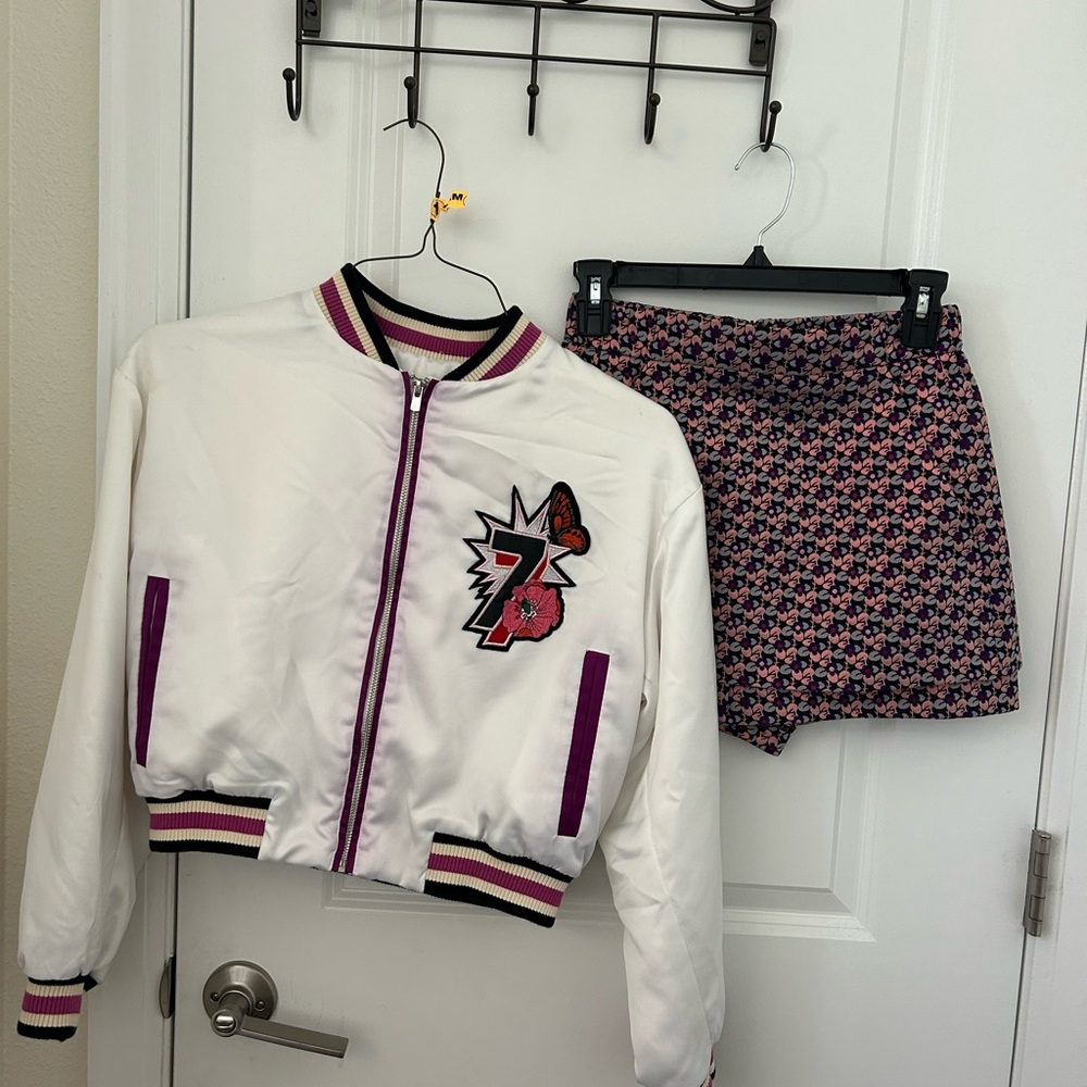 Maje White Satin Peacock Bomber Jacket With Matching Maje Skort